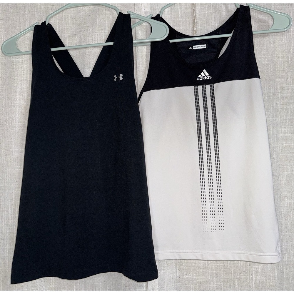 Adidas‎ UA Women's Small S Lot of  2 Activewear Tanks Built in Bra Shirts Black